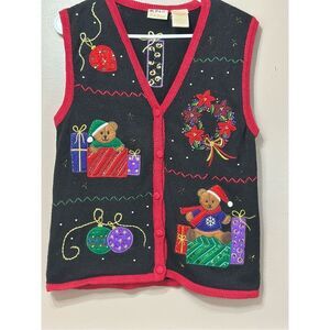 Vintage Bobbie Brooks Embroidered Holiday Christmas Bear Knitted Vest Women's S